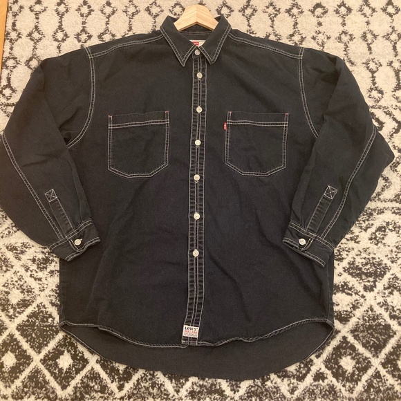LEVI’S RED LABEL 100% BLACK COTTON DENIM WPL 423 Button Up Shirt Size L - Picture 1 of 16